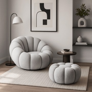 Mebel Elite Вращающееся кресло для отдыха Pettit с пуфиком, серый букле, ME.PETTIT/P/TB/FW - Home Club