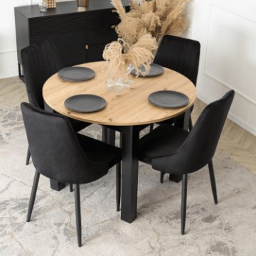 Mebel Elite Комплект: стол Harry (102–142 см) из дуба Artisan/черного цвета и 4 стула Bari черного цвета, W.HARRY/DA/CZ/S/BARI/CZ/V/Z4/K - Home Club