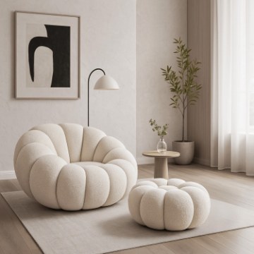 Mebel Elite Вращающееся кресло для отдыха Pettit с пуфиком, кремовый букле, ME.PETTIT/KR/TB/FW - Home Club