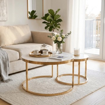 Mebel Elite Набір журнальних столиків Aron, білий мармур/золотий, ME.ARON/BM/ZL/CER/L - Home Club
