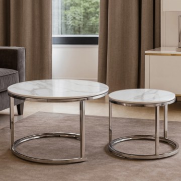 Mebel Elite Набір керамічних столиків Amara «Білий мармур/Срібний», ME.AMARA/BM/SR/CER/L - Home Club