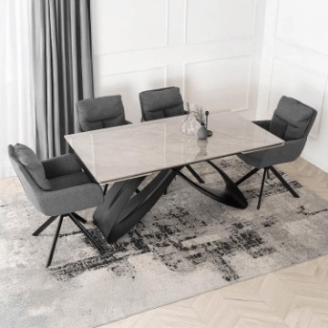 Mebel Elite Комплект: стол Luigi 160–240 см (серый мрамор/чёрный) и 4 стула Paul (тёмно-серые), LUIGI/P/CZ/S160-240/PAUL/CZ/T/Z4/K - Home Club