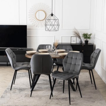 Mebel Elite Комплект из стола Dorian (80–160 см) из дуба в стиле рустик/черного цвета и 6 стульев Lucky серого цвета, DORIAN/DRU/CZ/S/LUCKY/P/V/Z6/K - Home Club