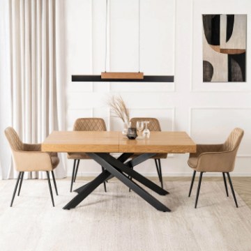 Mebel Elite Комплект: стіл Hampton 160–240 см (дуб/чорний) та 4 стільці Bresso (бежеві), HAMPTON/D/CZ/S160-240/BRESSO/BZ/CZ/V/Z4/K - Home Club