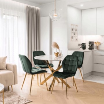 Mebel Elite Комплект: стіл Bali 100 см, білий мармур/золотий, та 4 стільці Lucky, зелені із золотими ніжками, ME.BALI/BM/ZL/S:1|ME.LUCKY/Z/ZL/V/K:4 - Home Club