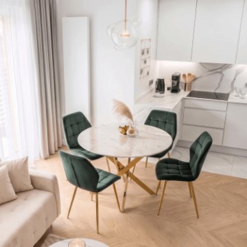 Mebel Elite Комплект: стол Bali 100 см (белый мрамор/золотой) и 4 стула Lucky (зеленые с золотыми ножками), ME.BALI/BM/ZL/S:1|ME.LUCKY/Z/ZL/V/K:4 - Home Club