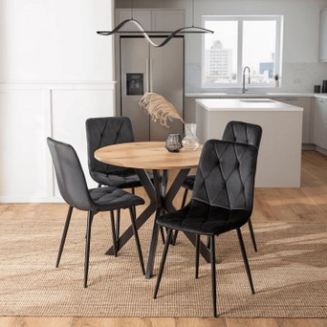 Mebel Elite Комплект: стіл Lauren 90 см, дуб золотистий/чорний, та 4 стільці Robin, чорні, ME.LAUREN/D/CZ/S90:1|ME.ROBIN/CZ/V/K:4 - Home Club