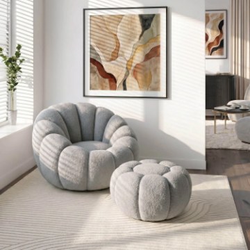 Mebel Elite Вращающееся кресло для отдыха Pettit с пуфиком, серый букле, ME.PETTIT/P/TB/FW - Home Club