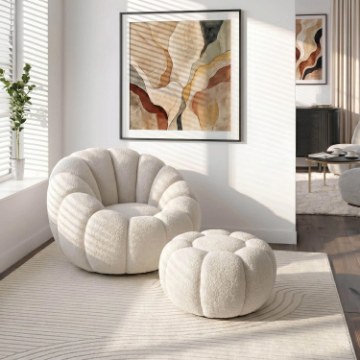 Mebel Elite Вращающееся кресло для отдыха Pettit с пуфиком, кремовый букле, ME.PETTIT/KR/TB/FW - Home Club