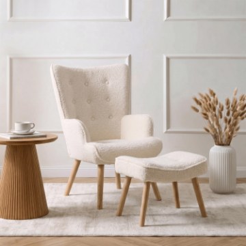 Mebel Elite Кресло для отдыха Lozano с подставкой для ног, кремового цвета, из ткани «букле», ME.LOZANO/KR/DK/TB/FW - Home Club