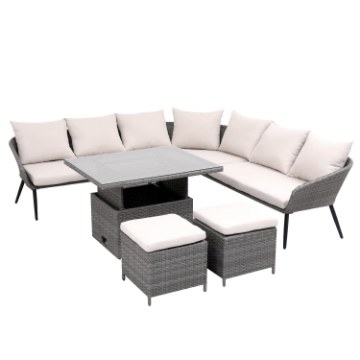 Garden Line Комплект мебели из ротанга в стиле ретро (угловой диван + 2 пуфа + столик с регулируемой высотой) серого цвета с кремовыми подушками, ABI8182 - Home Club