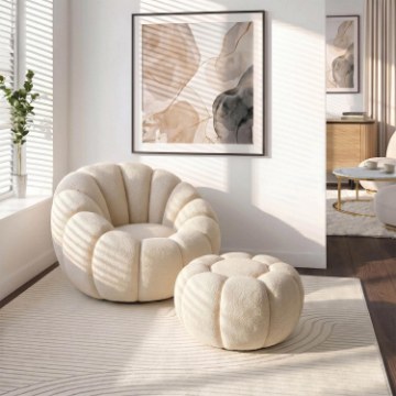 Mebel Elite Вращающееся кресло для отдыха Pettit с пуфиком, бежевое, из ткани букле, ME.PETTIT/BZ/TB/FW - Home Club