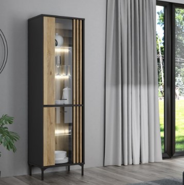 Forte Узкая витрина с ламелями шириной 60 см Joakimis, дуб Mauvella/черный, JMXV721-M637 - Home Club