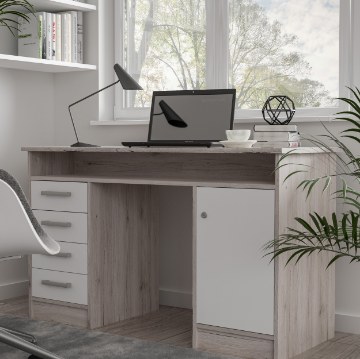 Forte Письменный стол 125x55 см с 4 ящиками и шкафчиком, закрывающимся на ключ, белый/песочный дуб, MT931-T19 - Home Club
