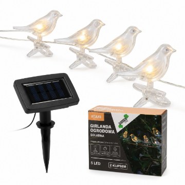 Garden Line Солнечная гирлянда для сада, длина 2 + 1,2 м, птицы с зажимом, 5 светодиодов, теплый белый свет., SOL6063 - Home Club