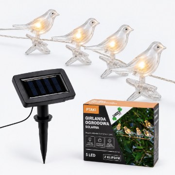 Garden Line Солнечная гирлянда для сада, длина 2 + 1,2 м, птицы с зажимом, 5 светодиодов, теплый белый свет., SOL6063 - Home Club