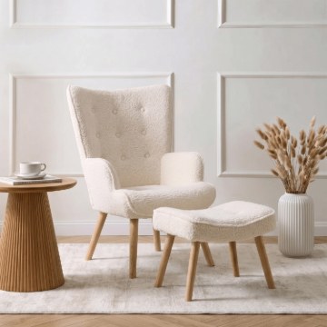 Mebel Elite Кресло для отдыха Lozano с подставкой для ног, кремового цвета, из ткани «букле», ME.LOZANO/KR/DK/TB/FW - Home Club