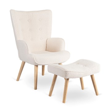 Mebel Elite Кресло для отдыха Lozano с подставкой для ног, кремового цвета, из ткани «букле», ME.LOZANO/KR/DK/TB/FW - Home Club