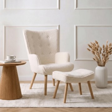 Mebel Elite Кресло для отдыха Lozano с подставкой для ног, кремового цвета, из ткани «букле», ME.LOZANO/KR/DK/TB/FW - Home Club