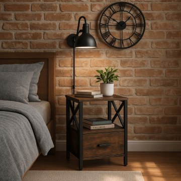 Mebel Elite Прикроватный столик Logan 40 см, дуб в стиле рустик/чёрный, ME.LOGAN/DRU/CZ/SZAFKNOC - Home Club