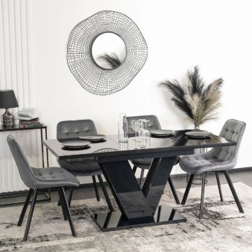 Mebel Elite Комплект: стол Clark (120–160 см), черный глянцевый, и 4 стула Rick, серые, DUBAJ/CZ/PL/S/RICK/P/V/Z4/K - Home Club
