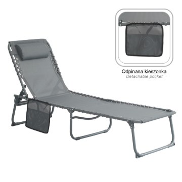 Garden Line Шезлонг / складная садовая кровать 190 × 58 × 30 см с карманом и подголовником, тёмно-серый, LEZ8480 - Home Club